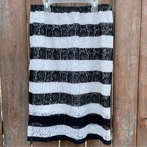 ELLE Women’s Black White Striped Lace Midi Lined Sheath Pencil Skirt Size 8